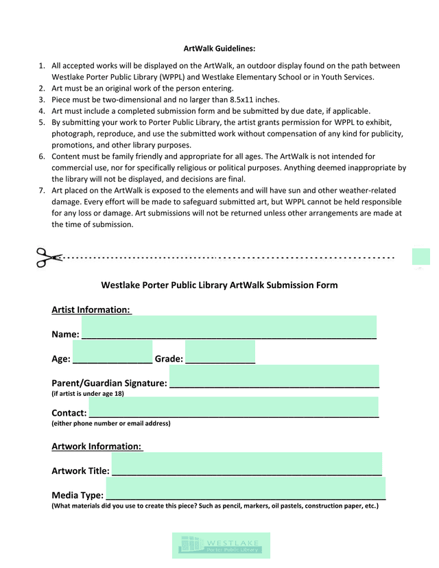 Westlake Porter Public Library ArtWalk Submission Form screenshot