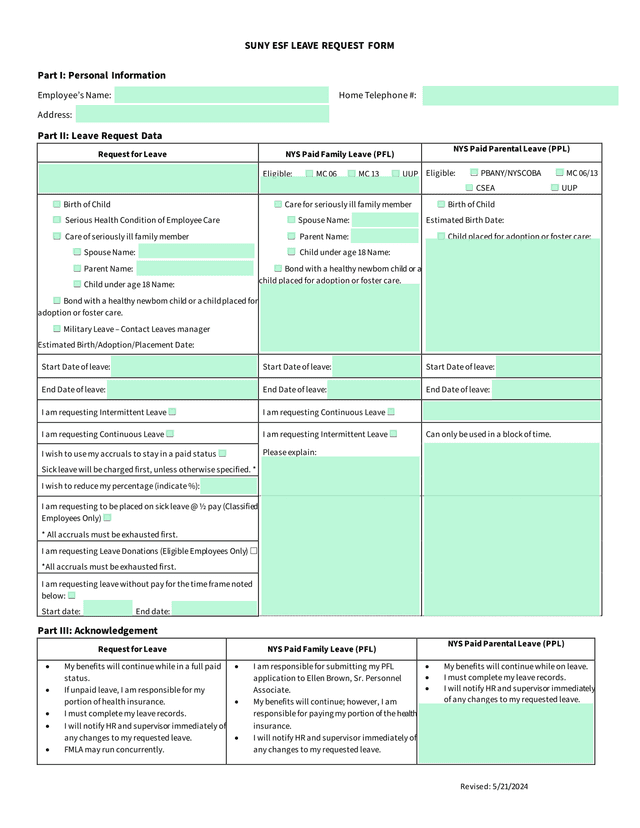 SUNY ESF LEAVE REQUEST FORM screenshot