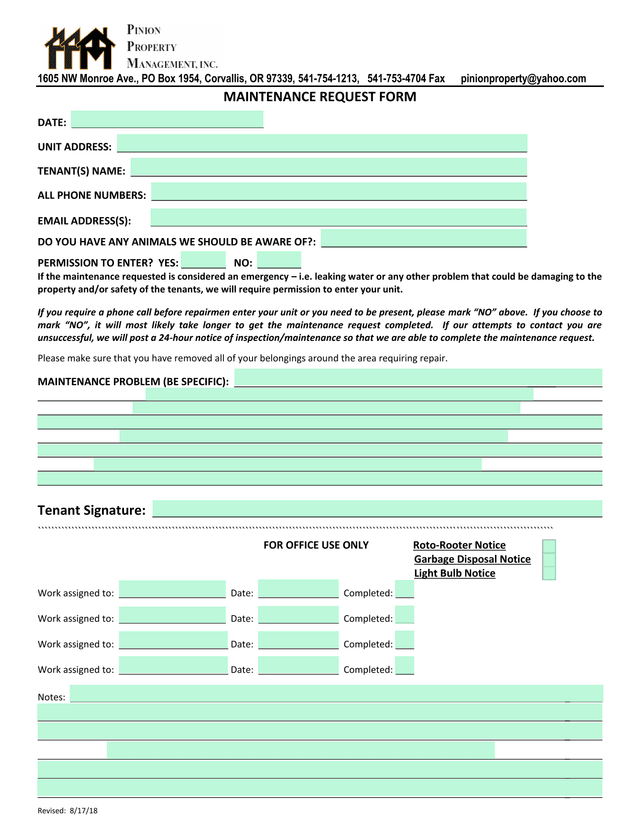 Maintenance Request Form screenshot