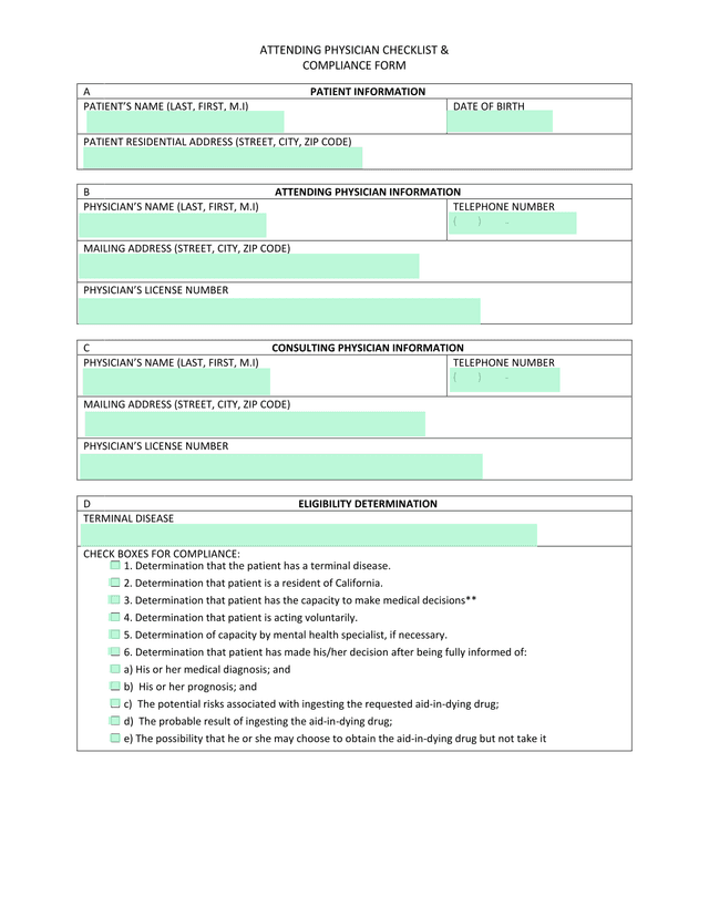 Attending Physician Checklist  Compliance Form screenshot