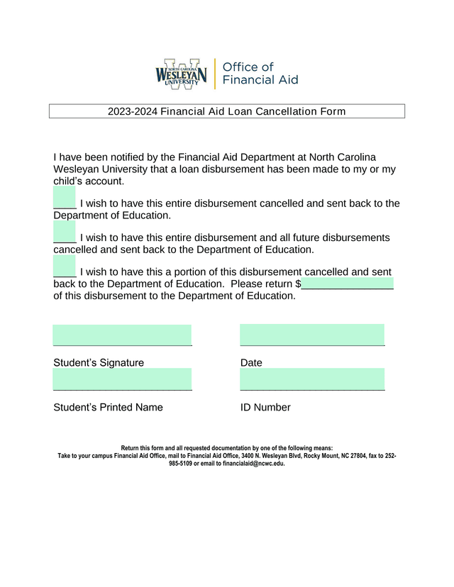 2023 2024 Financial Aid Loan Cancellation Form screenshot