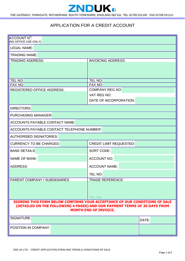 ZND UK LTD   Credit Application Form And Terms  Conditions Of Sale screenshot