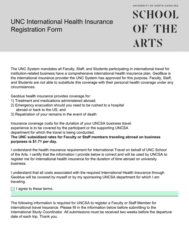 UNC International Health Insurance Registration Form screenshot