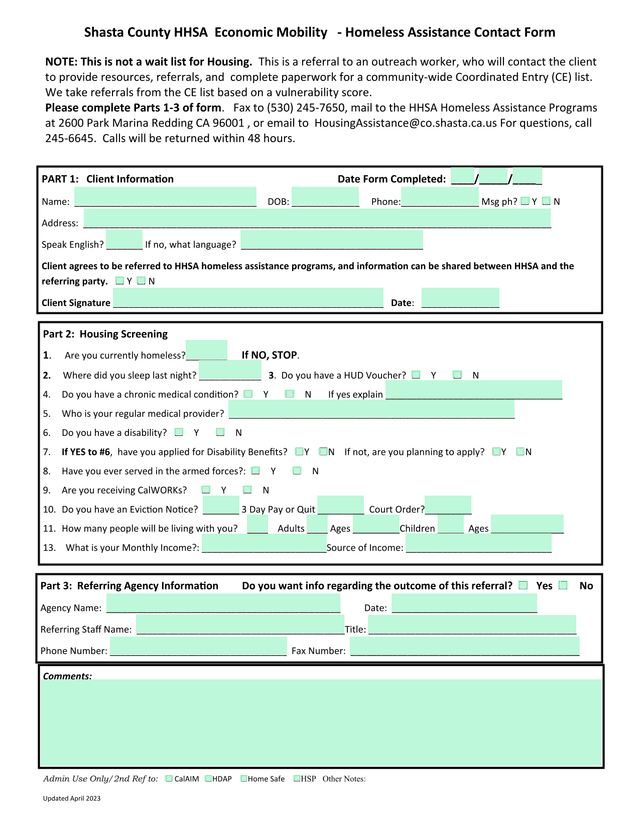 Shasta County HHSA Economic Mobility   Homeless Assistance Contact Form screenshot