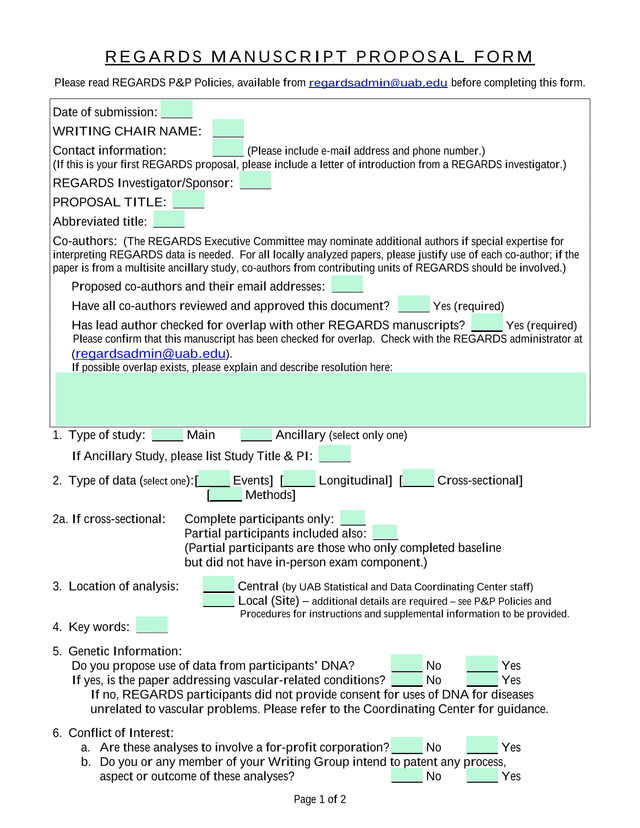 REGARDS Manuscript Proposal Form screenshot