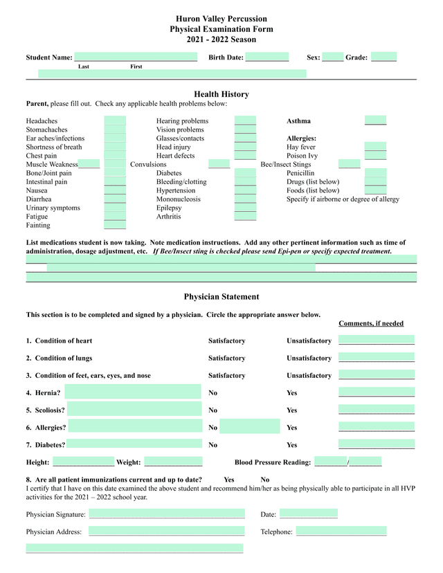 Huron Valley Percussion Physical Examination Form screenshot