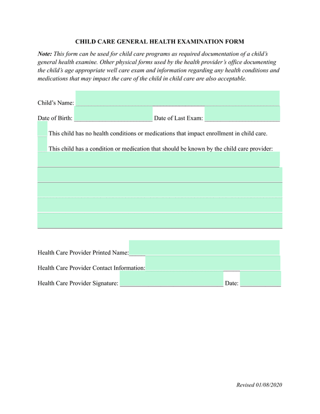 Child Care General Health Examination Form screenshot
