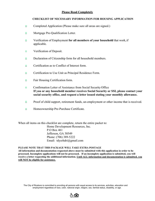 CHIP Housing Program Application Checklist screenshot