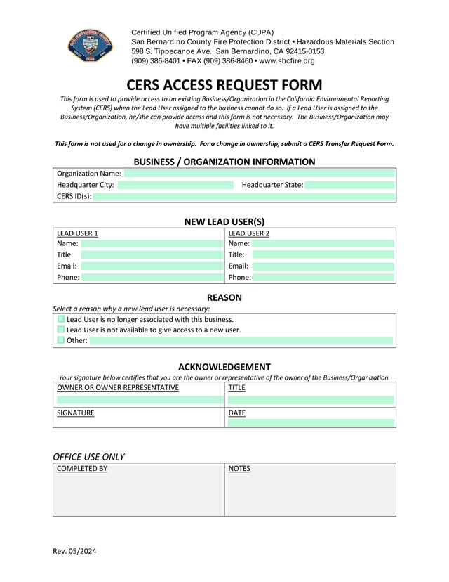 CERS Access Request Form screenshot