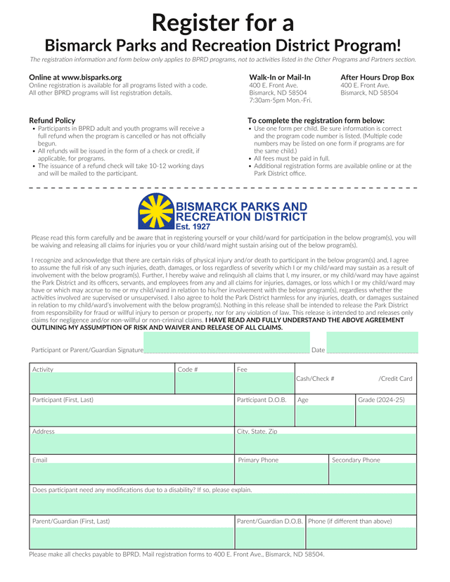 Bismarck Parks And Recreation District Program Registration Form screenshot