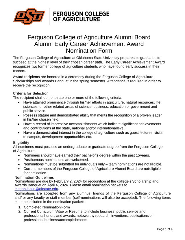 Ferguson College Of Agriculture Alumni Board Alumni Early Career Achievement Award Nomination Form screenshot