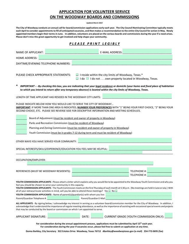 Application For Volunteer Service On The Woodway Boards And Commissions screenshot