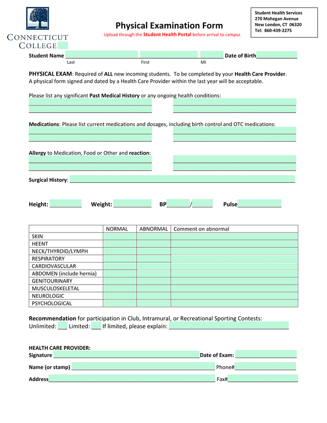 Physical Examination Form screenshot