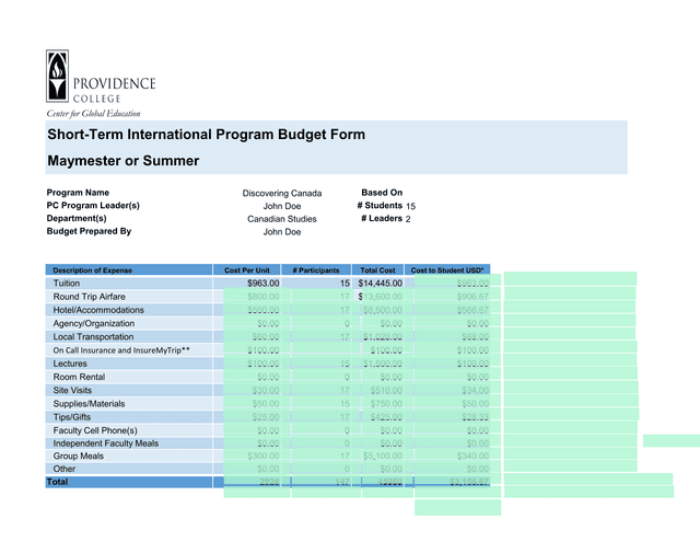 Short Term International Program Budget Form screenshot