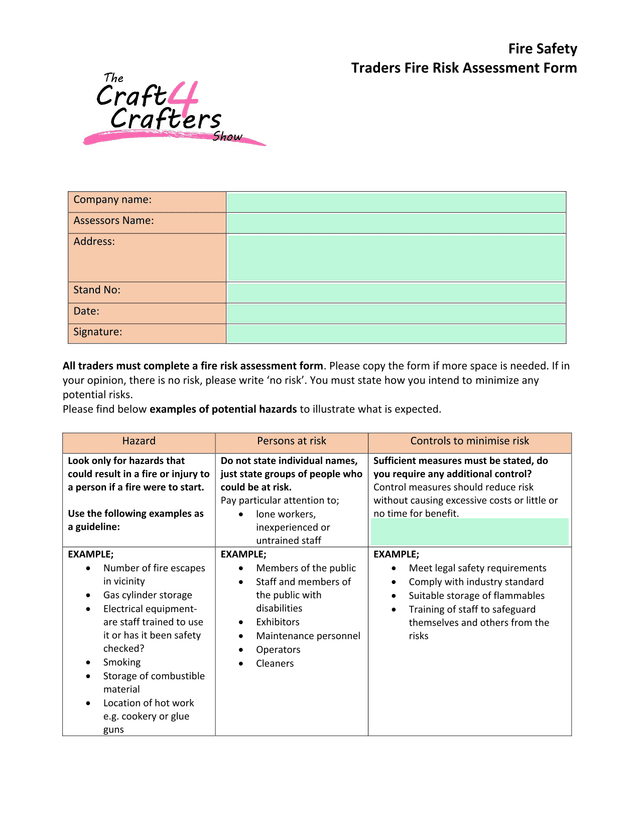 Traders Fire Risk Assessment Form screenshot