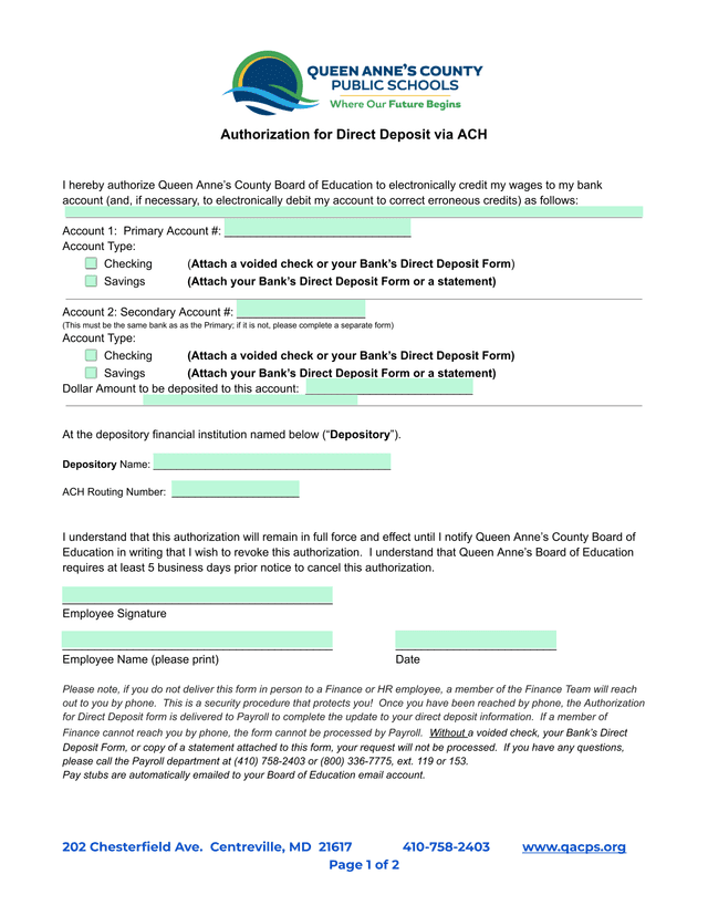 Authorization For Direct Deposit Via ACH screenshot