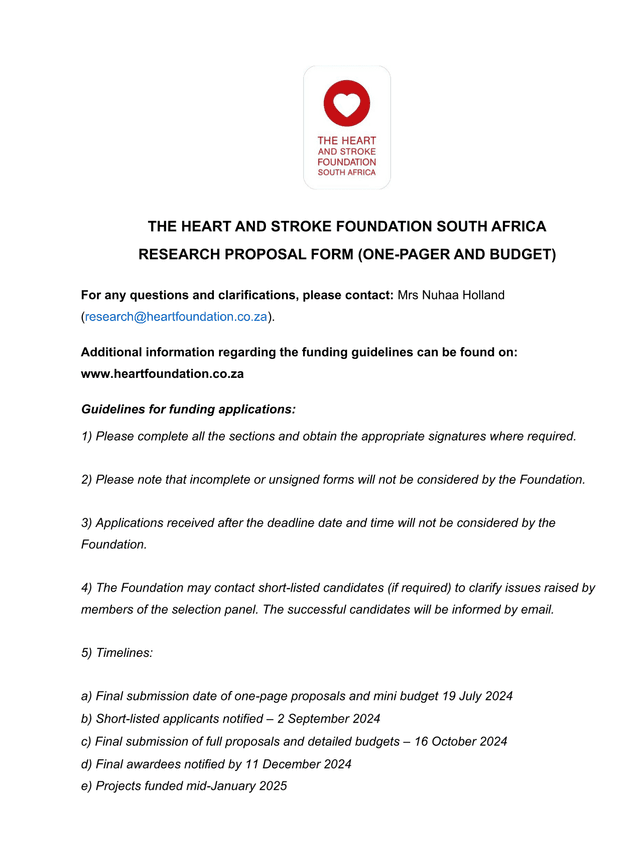 The Heart And Stroke Foundation South Africa Research Proposal Form screenshot