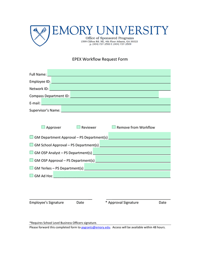 EPEX Workflow Request Form screenshot