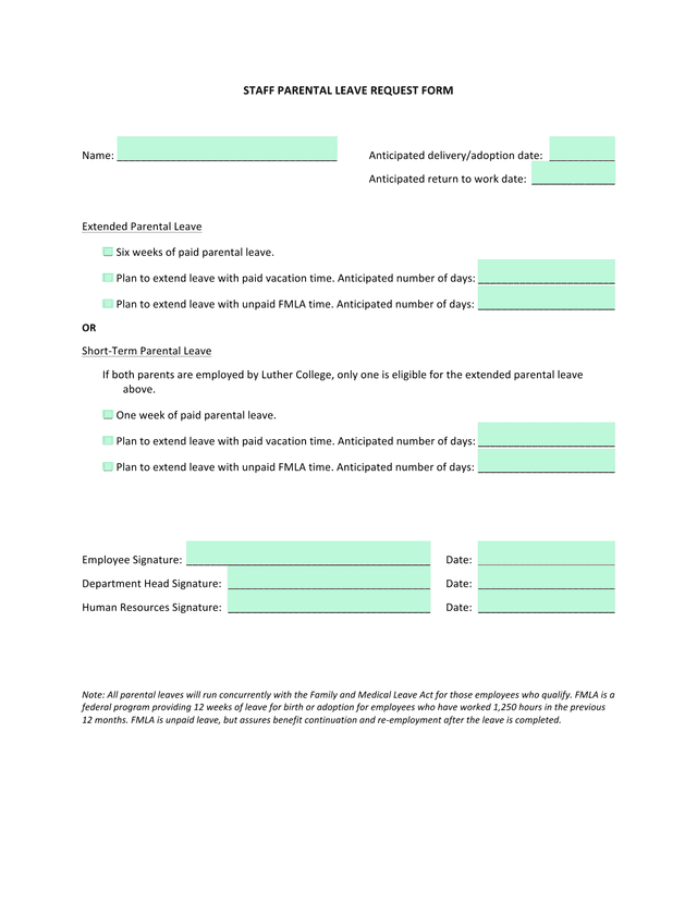 STAFF PARENTAL LEAVE REQUEST FORM screenshot