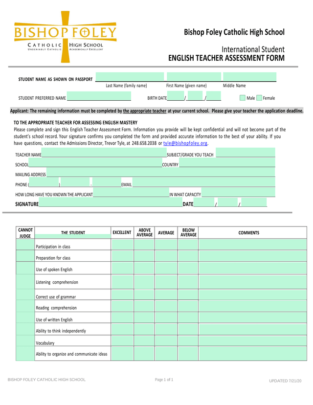 International Student ENGLISH TEACHER ASSESSMENT FORM screenshot