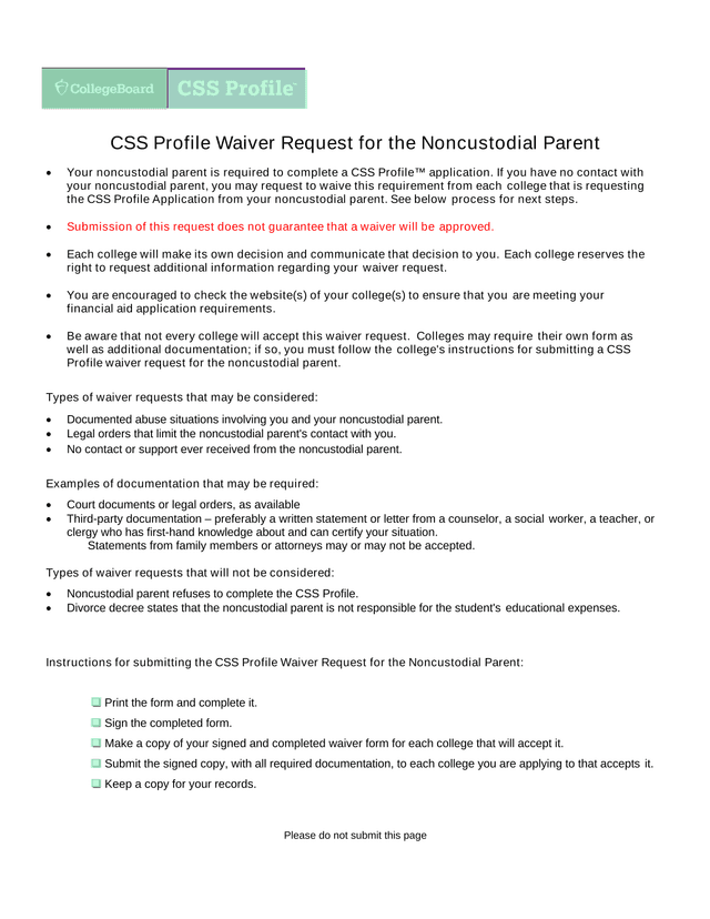 CSS Profile Waiver Request For The Noncustodial Parent screenshot
