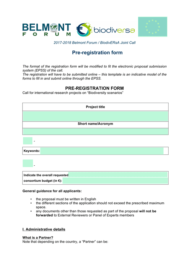 2017 2018 Belmont Forum  BiodivERsA Joint Call Pre Registration Form screenshot