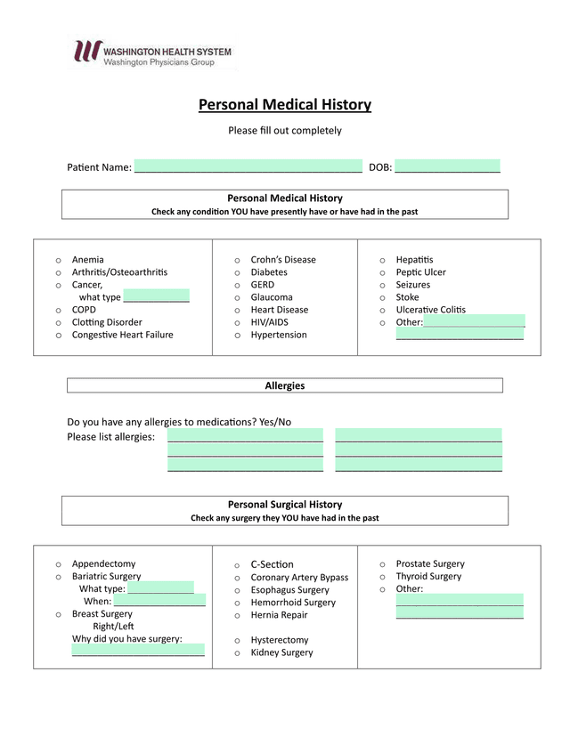 Personal Medical History screenshot