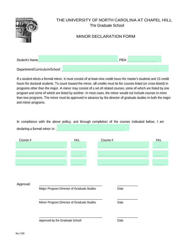 Minor Declaration Form screenshot