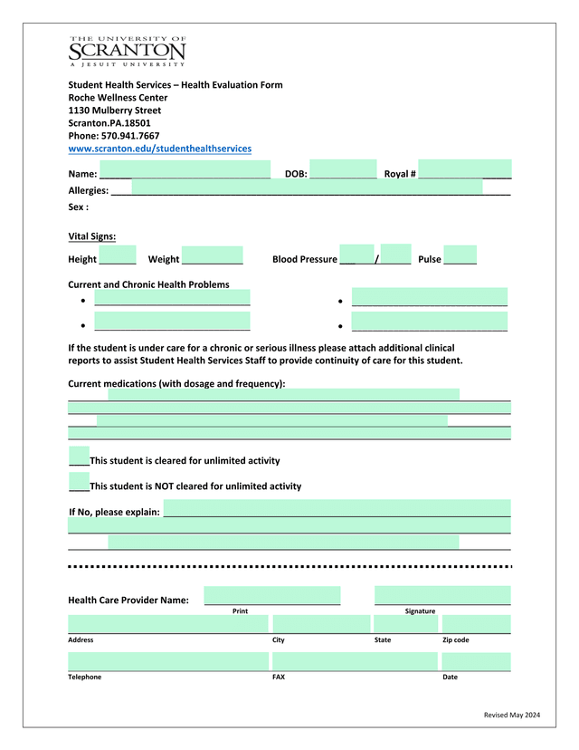 Student Health Services  Health Evaluation Form screenshot