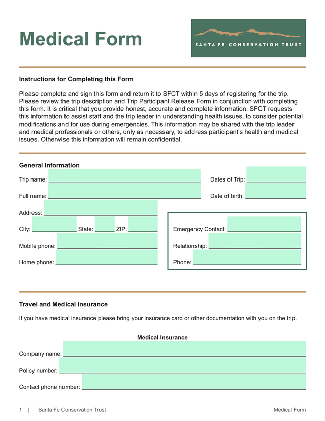 Santa Fe Conservation Trust Medical Form screenshot