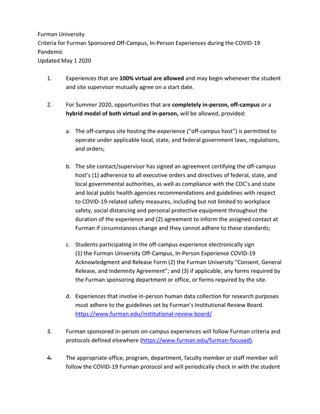Criteria For Furman Sponsored Off Campus, In Person Experiences During The COVID 19 Pandemic screenshot