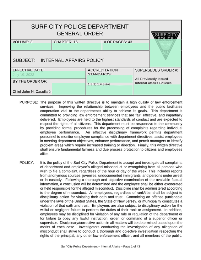 Surf City Police Department   Internal Affairs Policy screenshot