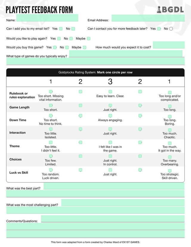PLAYTEST FEEDBACK FORM screenshot