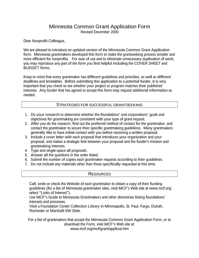 Minnesota Common Grant Application Form screenshot