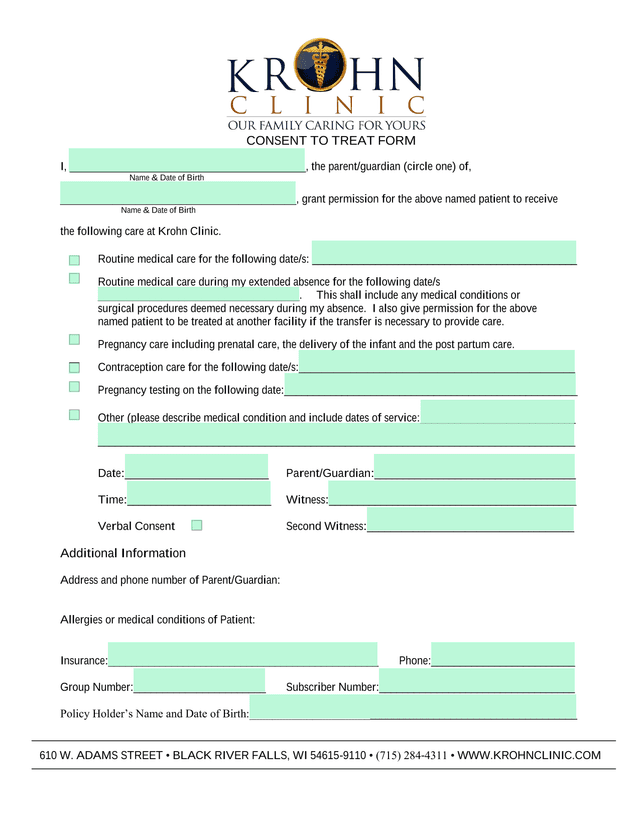 CONSENT TO TREAT FORM screenshot