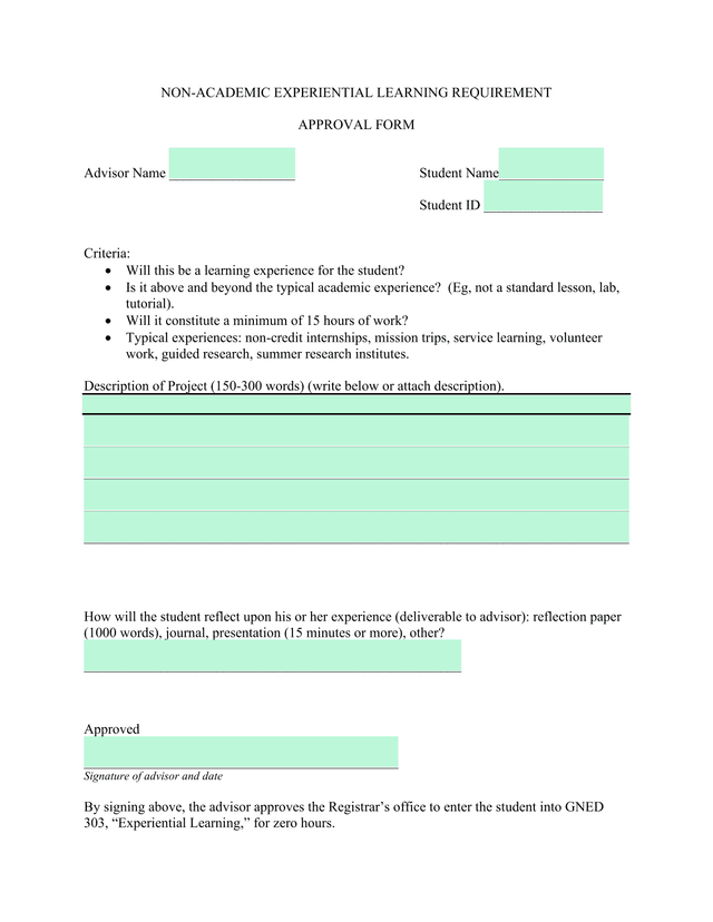 NON ACADEMIC EXPERIENTIAL LEARNING REQUIREMENT APPROVAL FORM screenshot