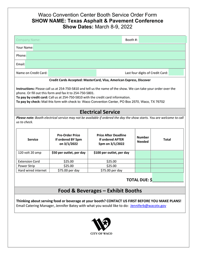 Waco Convention Center Booth Service Order Form screenshot