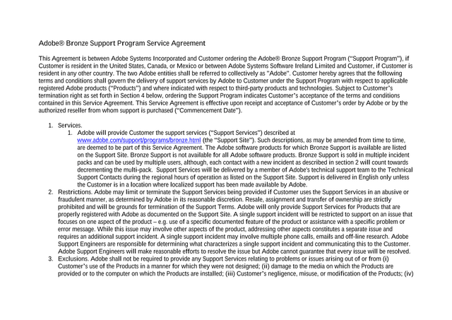 Adobe Bronze Support Program Service Agreement screenshot