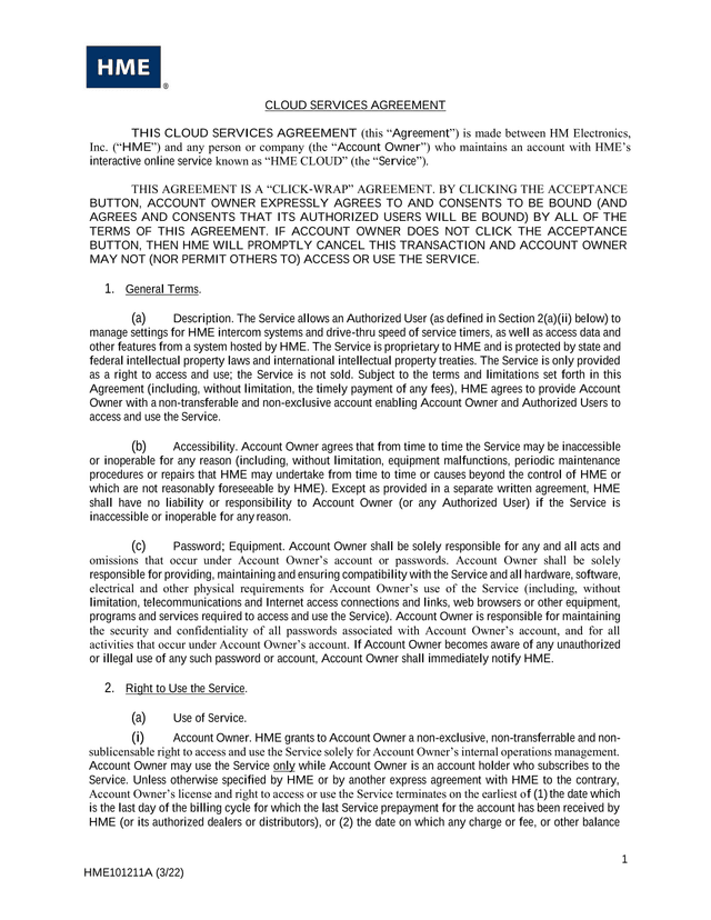 Cloud Services Agreement screenshot