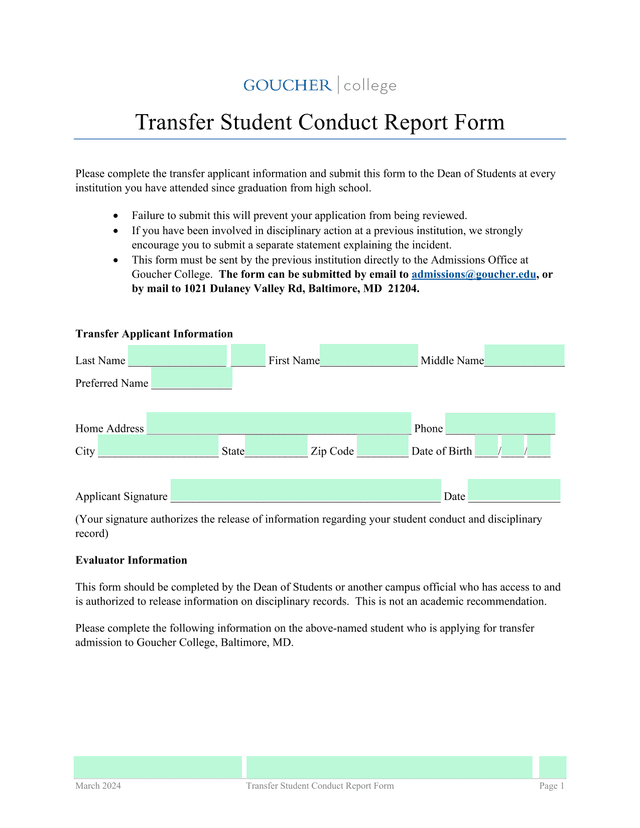 Transfer Student Conduct Report Form screenshot