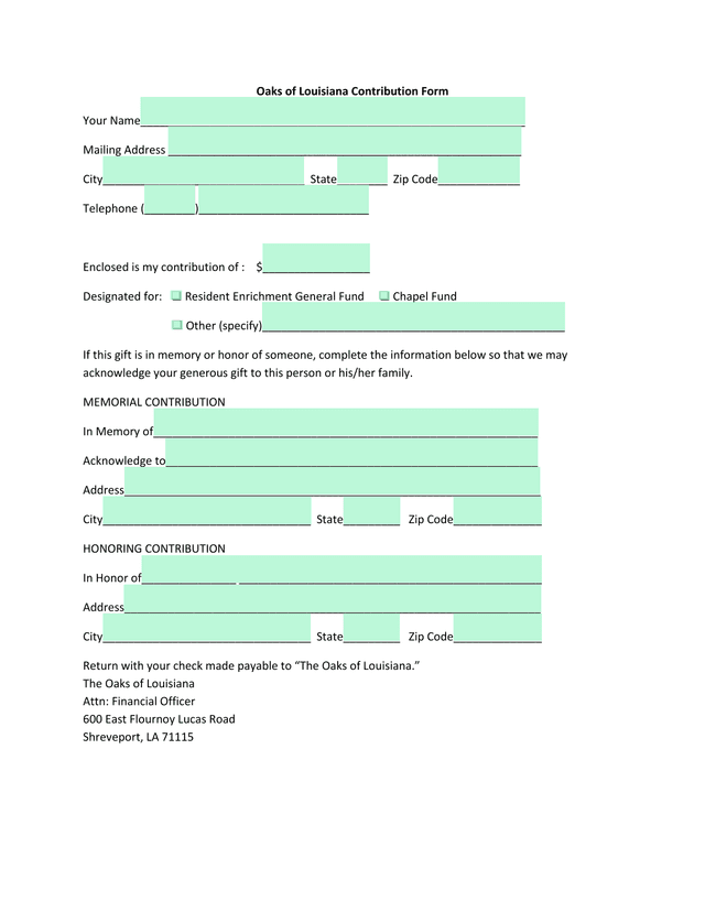Oaks Of Louisiana Contribution Form screenshot
