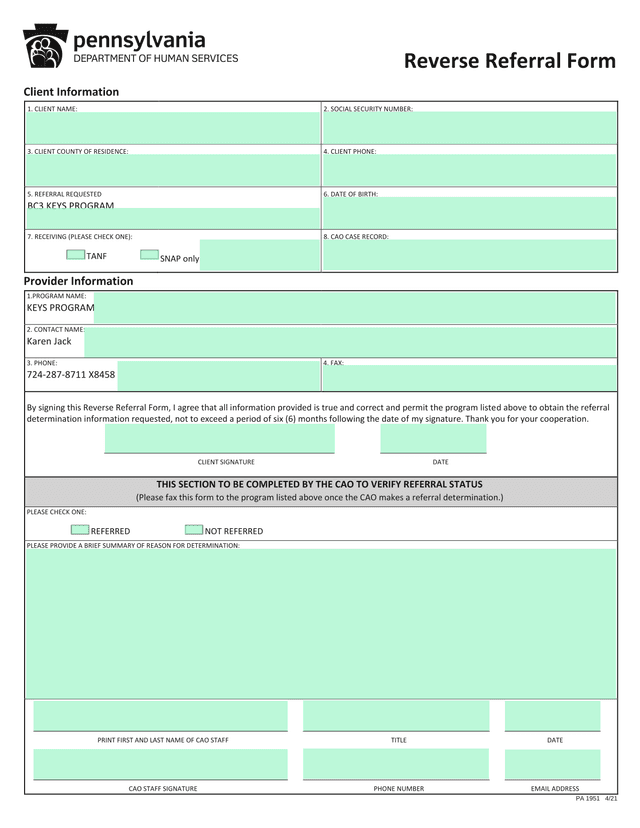 Reverse Referral Form screenshot
