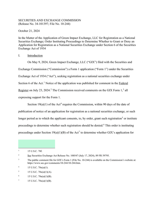 Order Instituting Proceedings For Green Impact Exchange, LLC Registration As A National Securities E screenshot