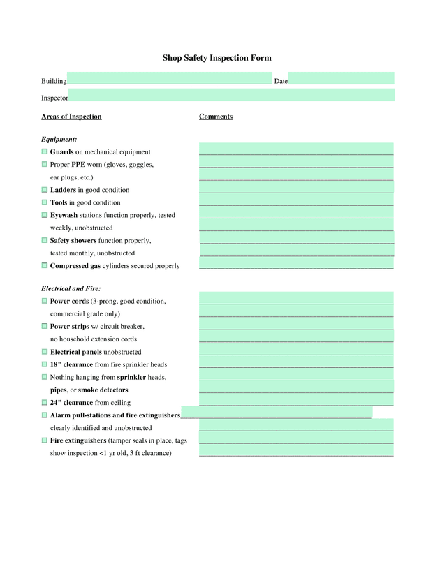 Shop Safety Inspection Form screenshot