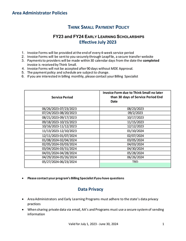 Area Administrator Policies THINK SMALL PAYMENT POLICY screenshot