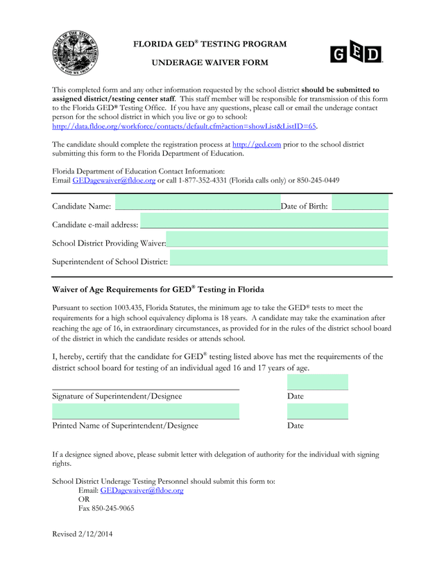 Florida GED Testing Program Underage Waiver Form screenshot