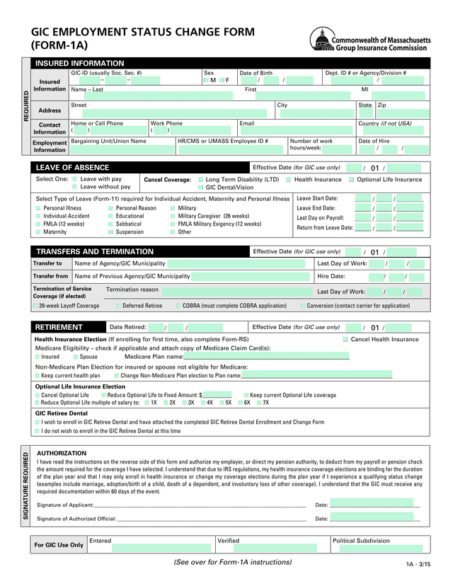 GIC Employment Status Change Form screenshot