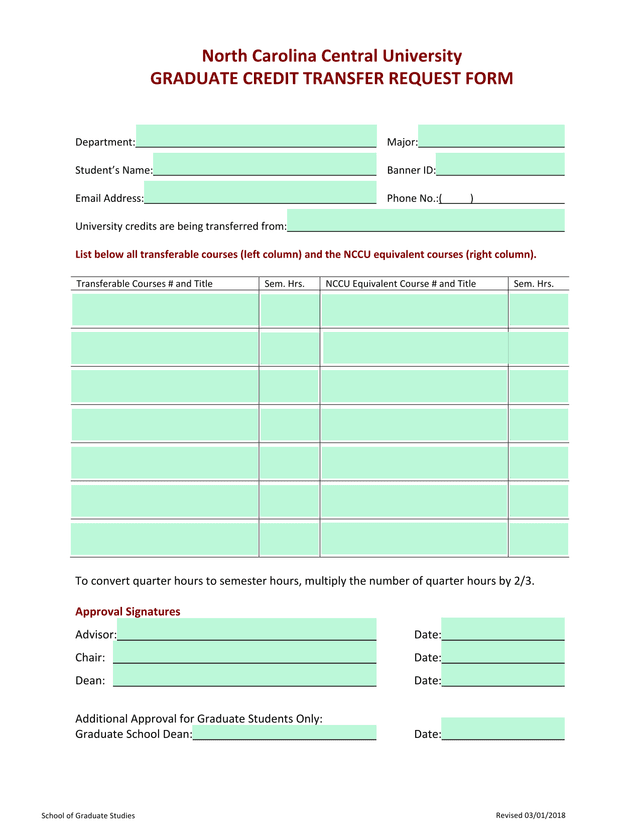 Graduate Credit Transfer Request Form screenshot