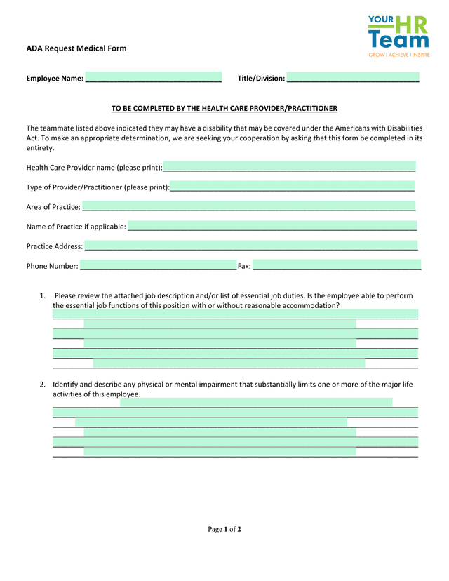 ADA Request Medical Form screenshot
