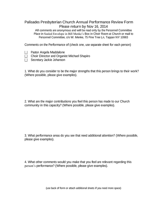Palisades Presbyterian Church Annual Performance Review Form screenshot